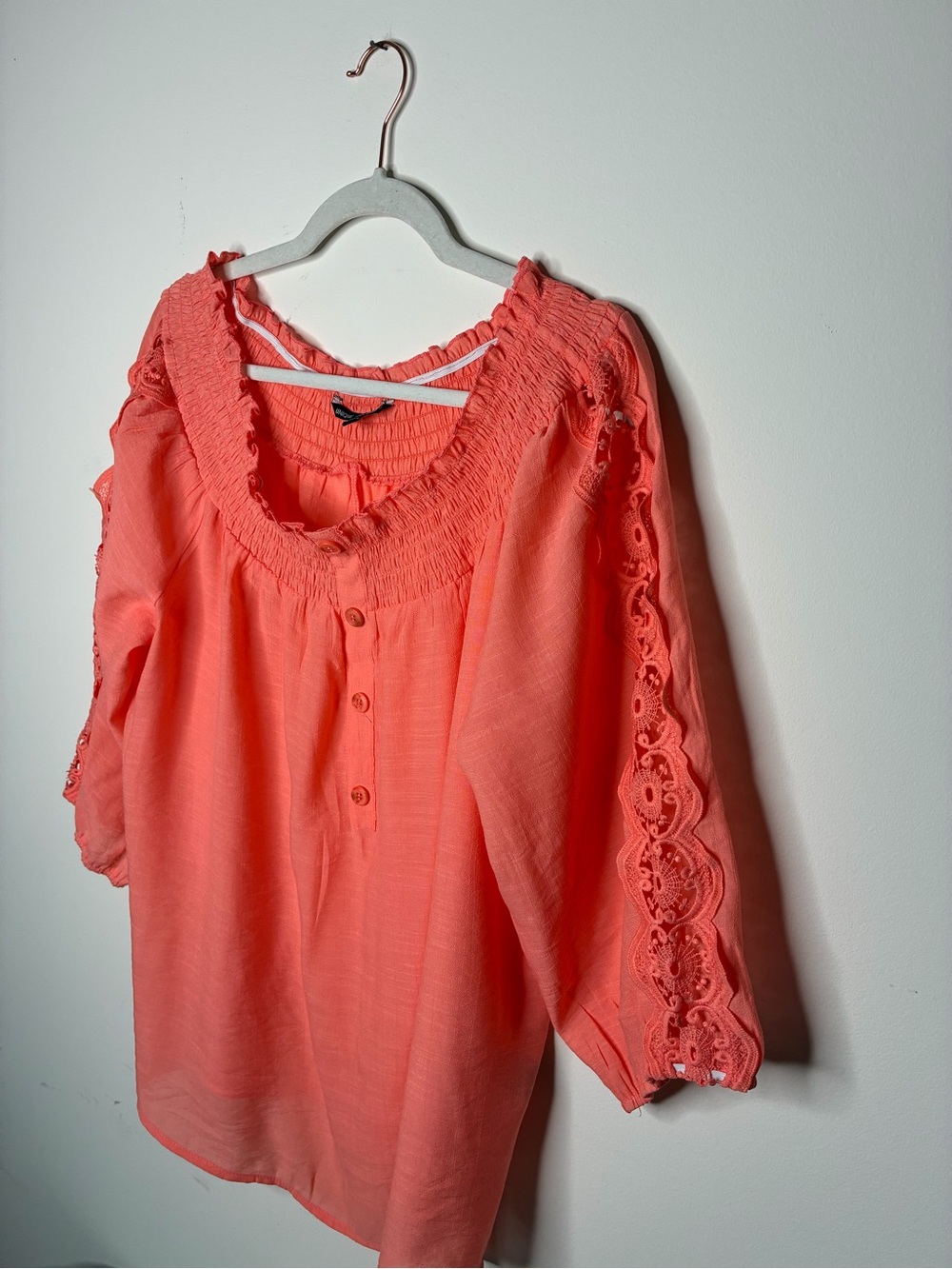 Y2K Unique Spectrum Coral Lace-Trim Peasant Blouse 3X, Career, Boho Comfort